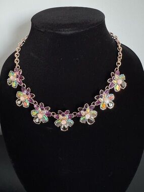 Floral Statement Necklace in Purple and Iridescent Gemstones